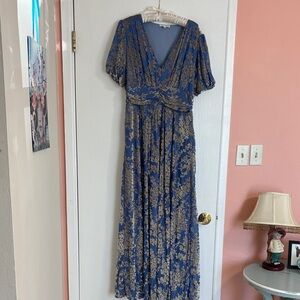 Baltic Born Blue Maxi Dress with Gold Floral Print